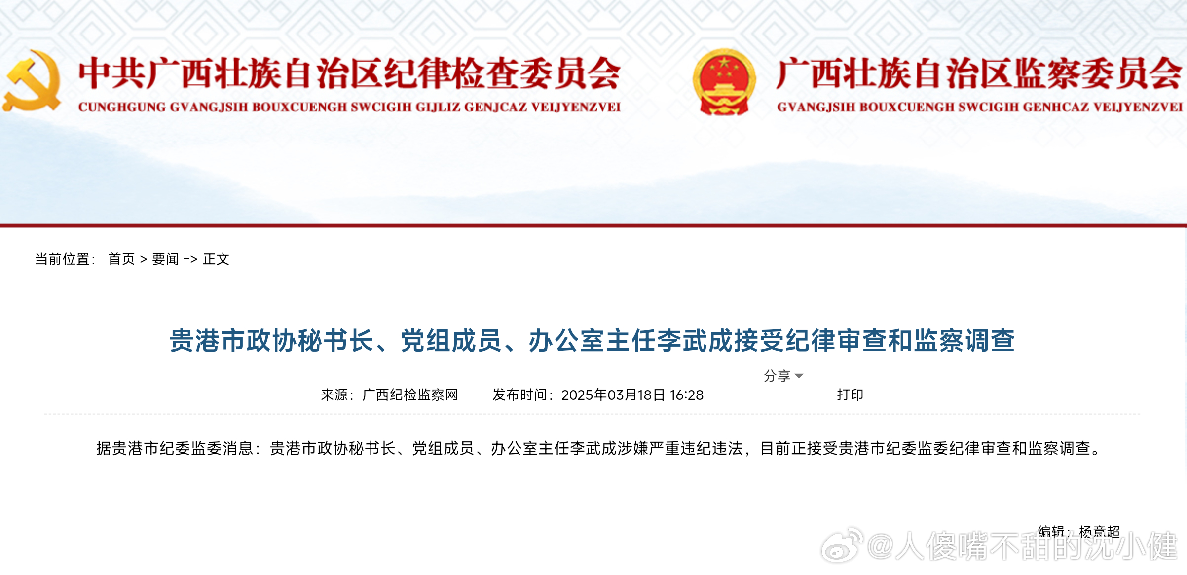 正厅级李成武任上主动投案